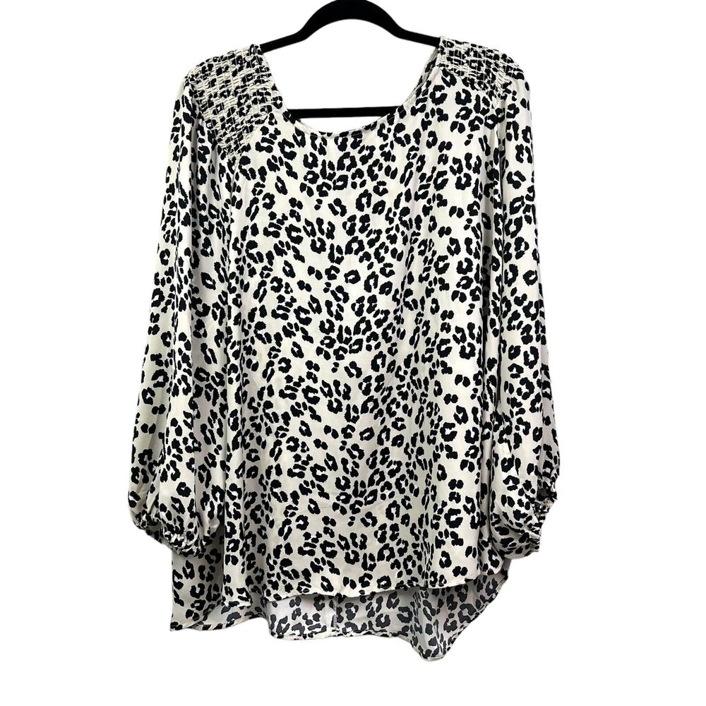 Ophelia Roe Women Tunic Top Blouse Animal Print Smocked Long Balloon Sleeve 2X*